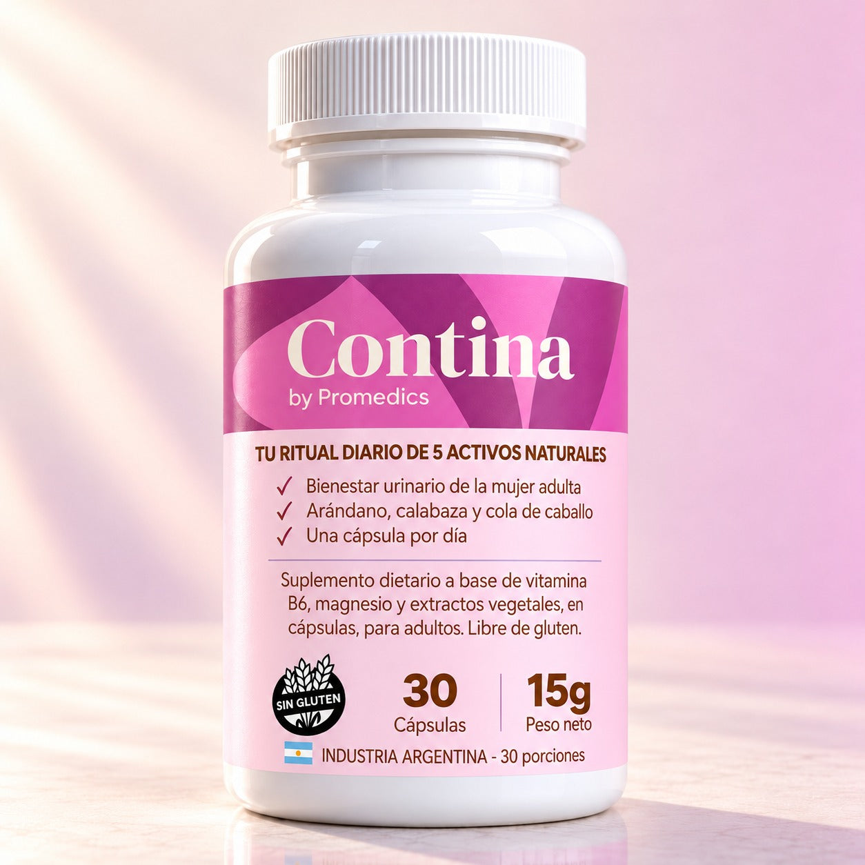 Frasco de Contina Fórmula Natural para la Vejiga sobre fondo rosa