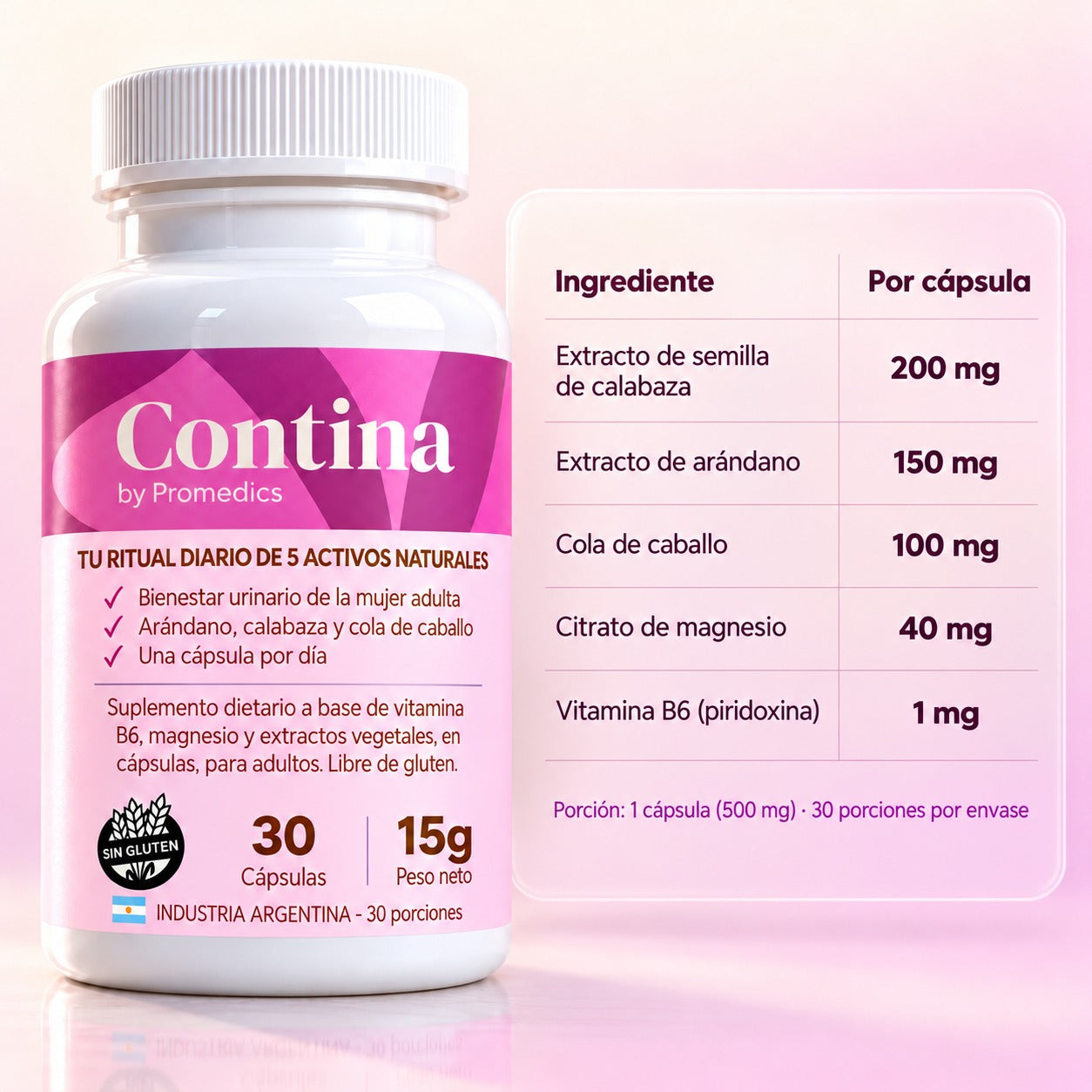 Frasco de Contina con la tabla de ingredientes por cápsula