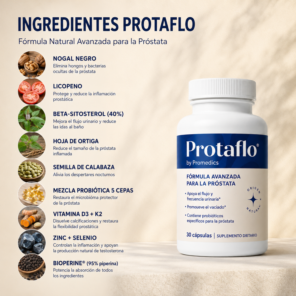 Protaflo Fórmula Natural para la Próstata - Alivia la presion, mejora el flujo y recupera tu descanso nocturno